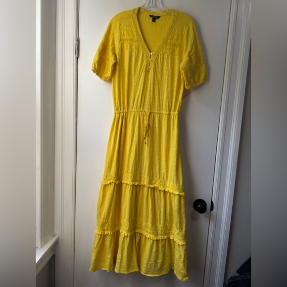 Ralph Lauren Yellow Puff Sleeve V-Neck Dress Sz M - Picture 13 of 14